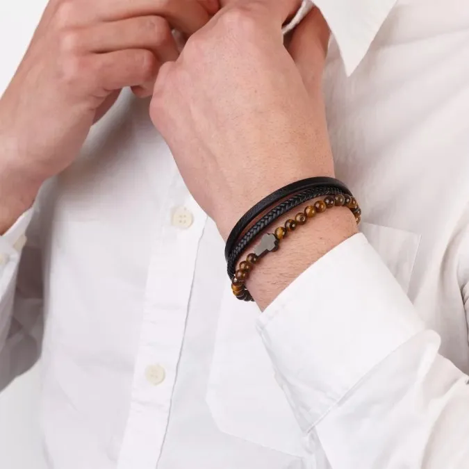 Pulseira de aço e pele – cruz prateada