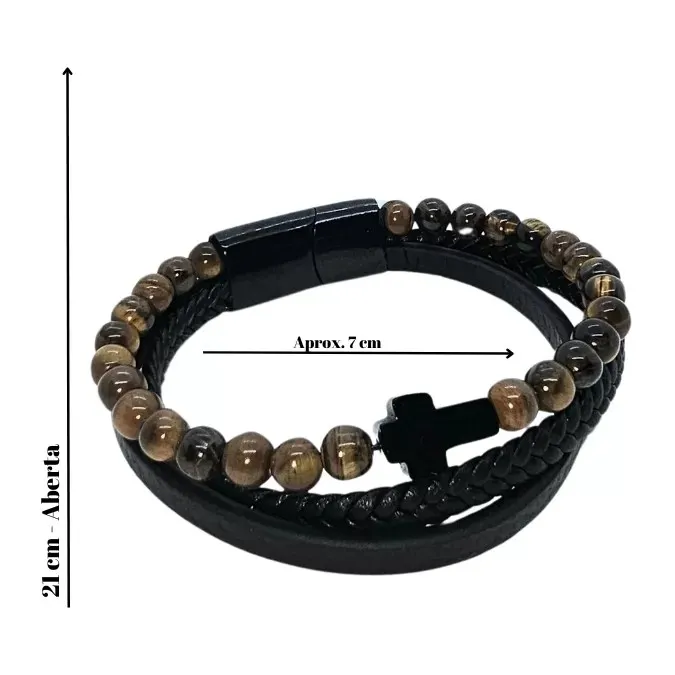 Pulseira de aço e pele – cruz negra