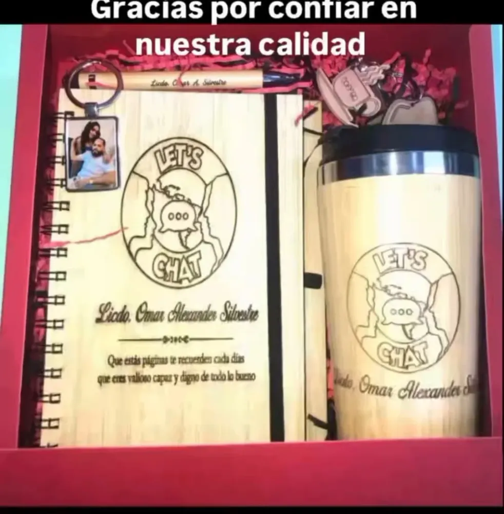 Vaso libreta y llavero personalizados